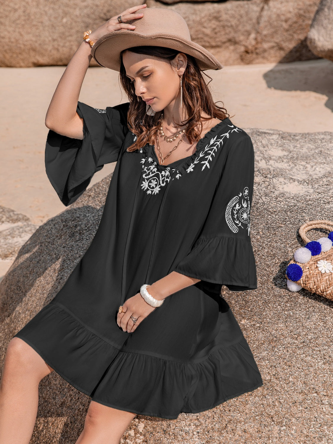 Printed Tie Neck Flounce Sleeve Mini Dress.