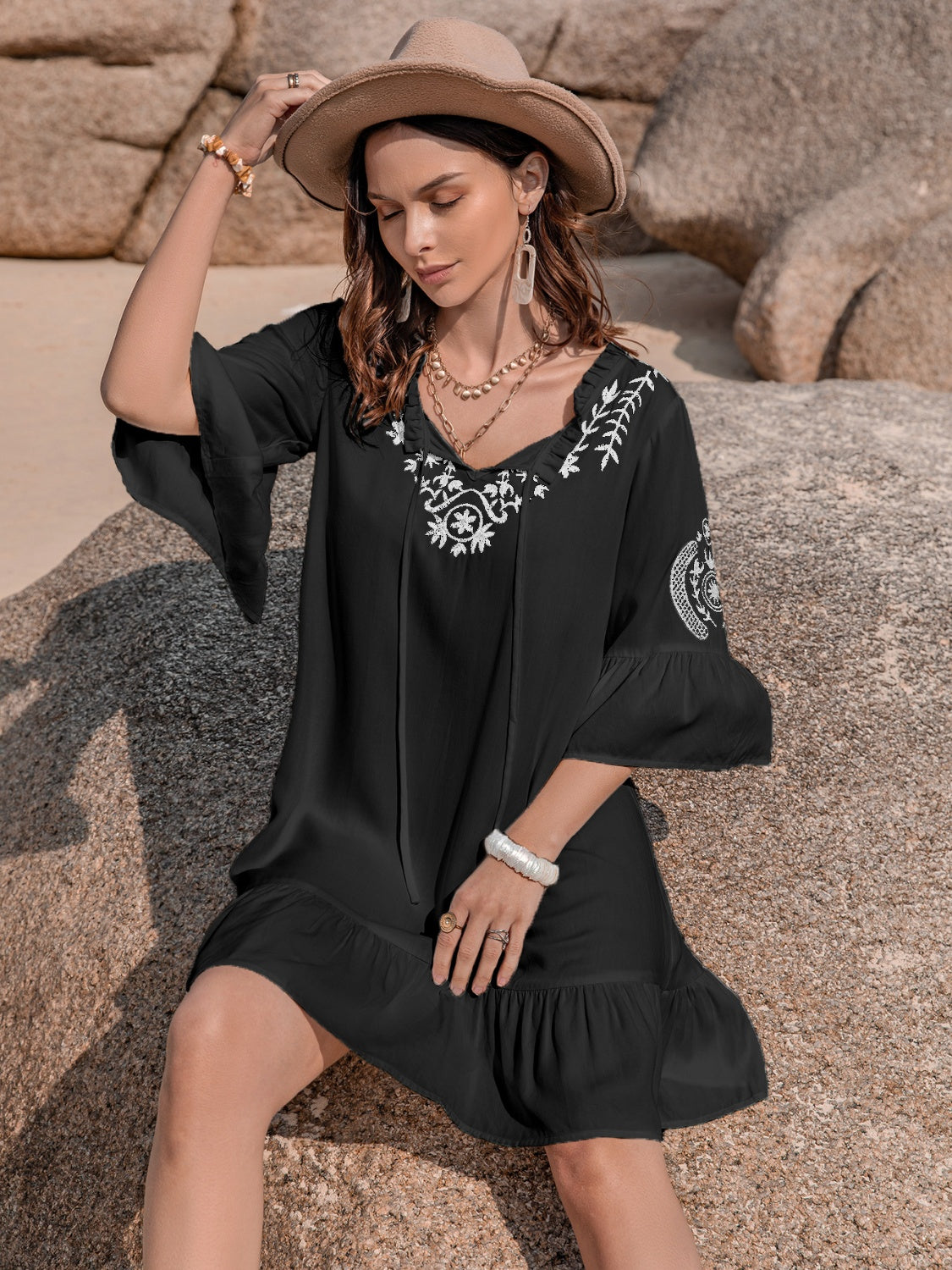 Printed Tie Neck Flounce Sleeve Mini Dress.