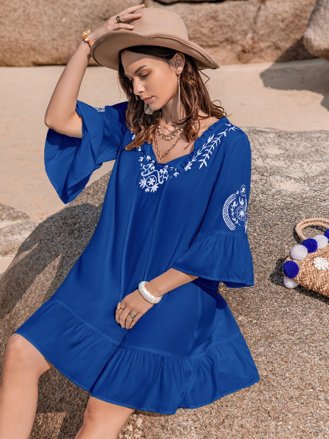 Printed Tie Neck Flounce Sleeve Mini Dress.