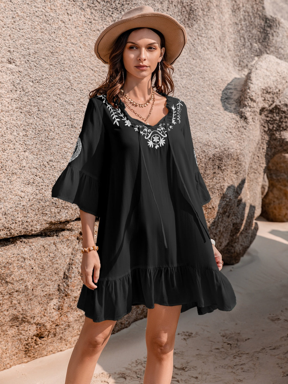 Printed Tie Neck Flounce Sleeve Mini Dress.