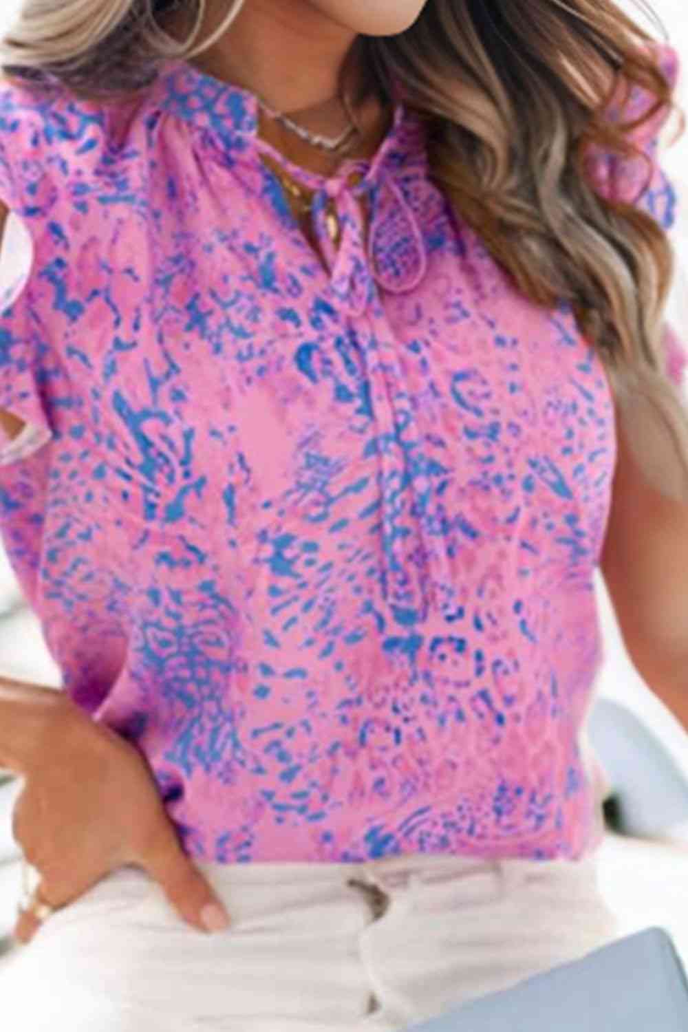 Printed Tie Neck Flutter Sleeve Blouse.