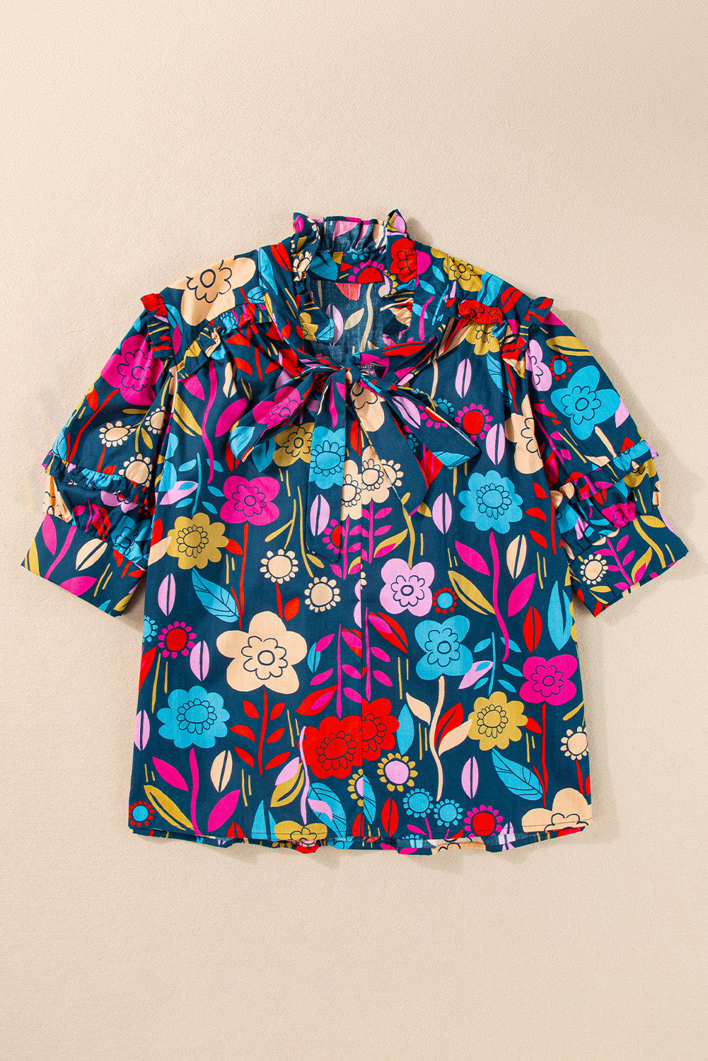 Printed Tie Neck Half Sleeve Blouse with Tied.