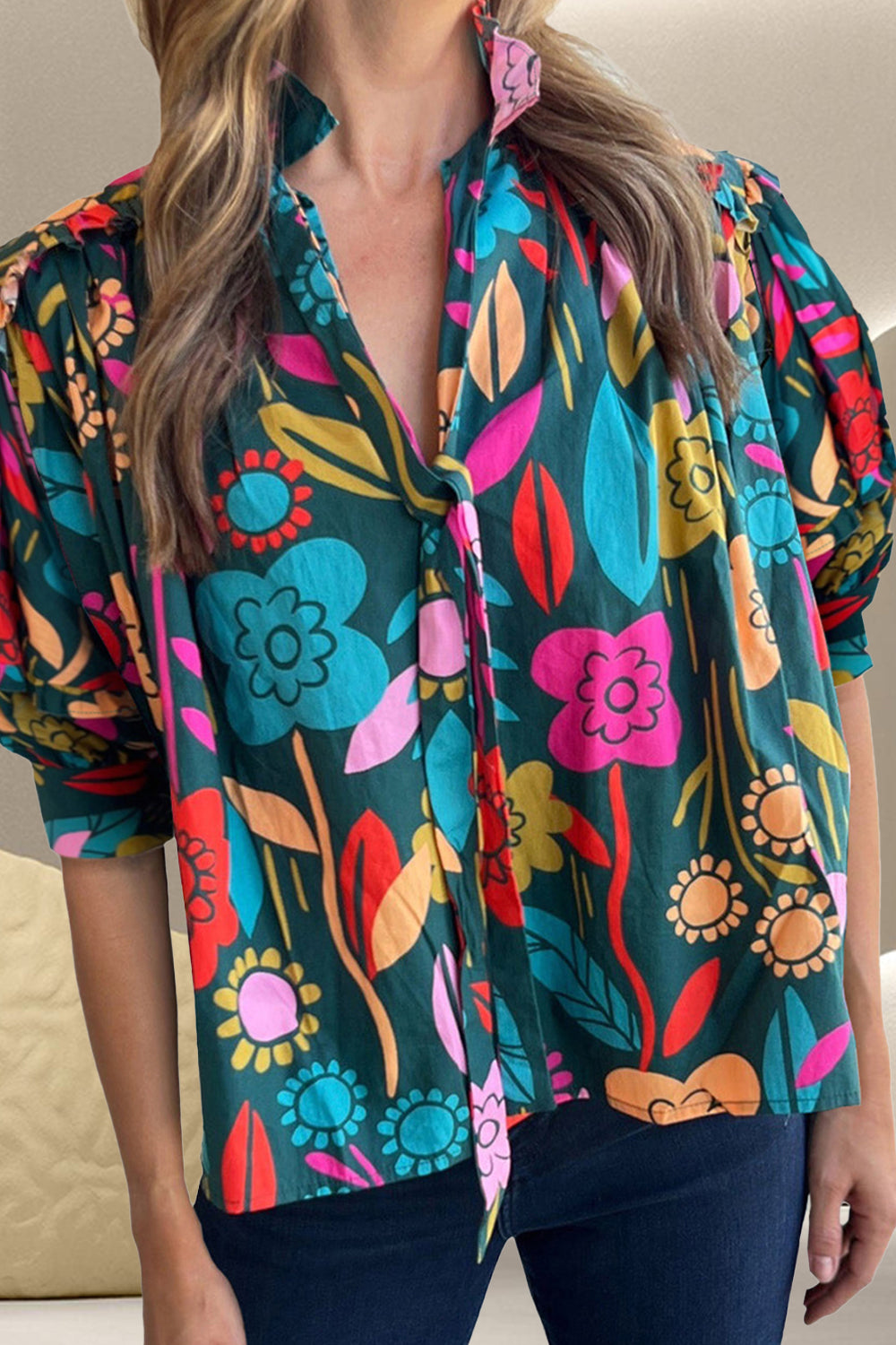 Printed Tie Neck Half Sleeve Blouse with Tied.