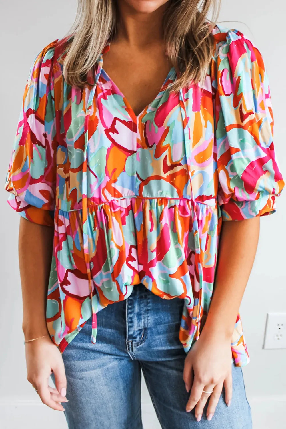 Printed Tie Neck Half Sleeve Blouse with Tied.