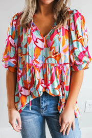 Printed Tie Neck Half Sleeve Blouse with Tied.