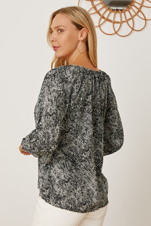 Printed Tie Neck Lantern Sleeve Blouse with Tied.