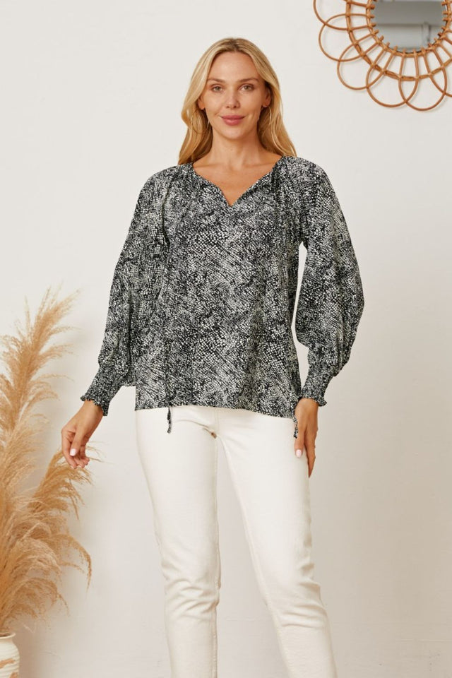 Printed Tie Neck Lantern Sleeve Blouse with Tied.