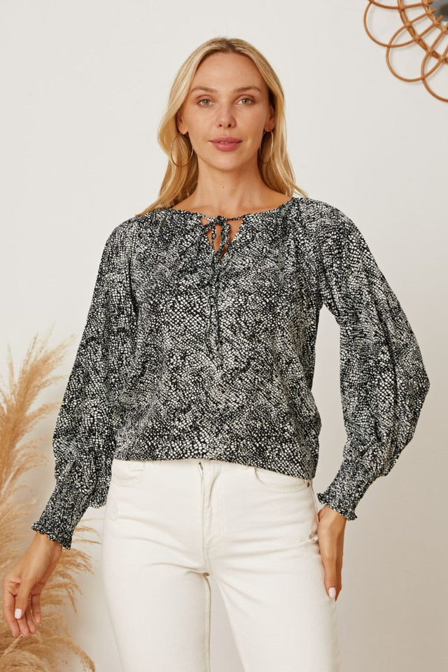Printed Tie Neck Lantern Sleeve Blouse with Tied.