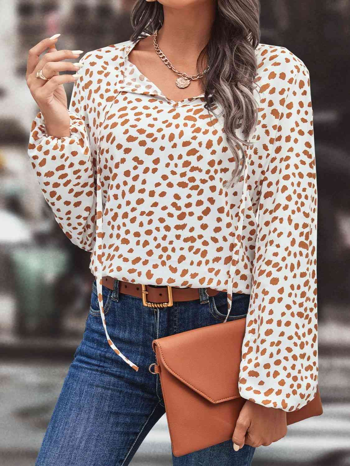 Printed Tie Neck Long Sleeve Blouse.