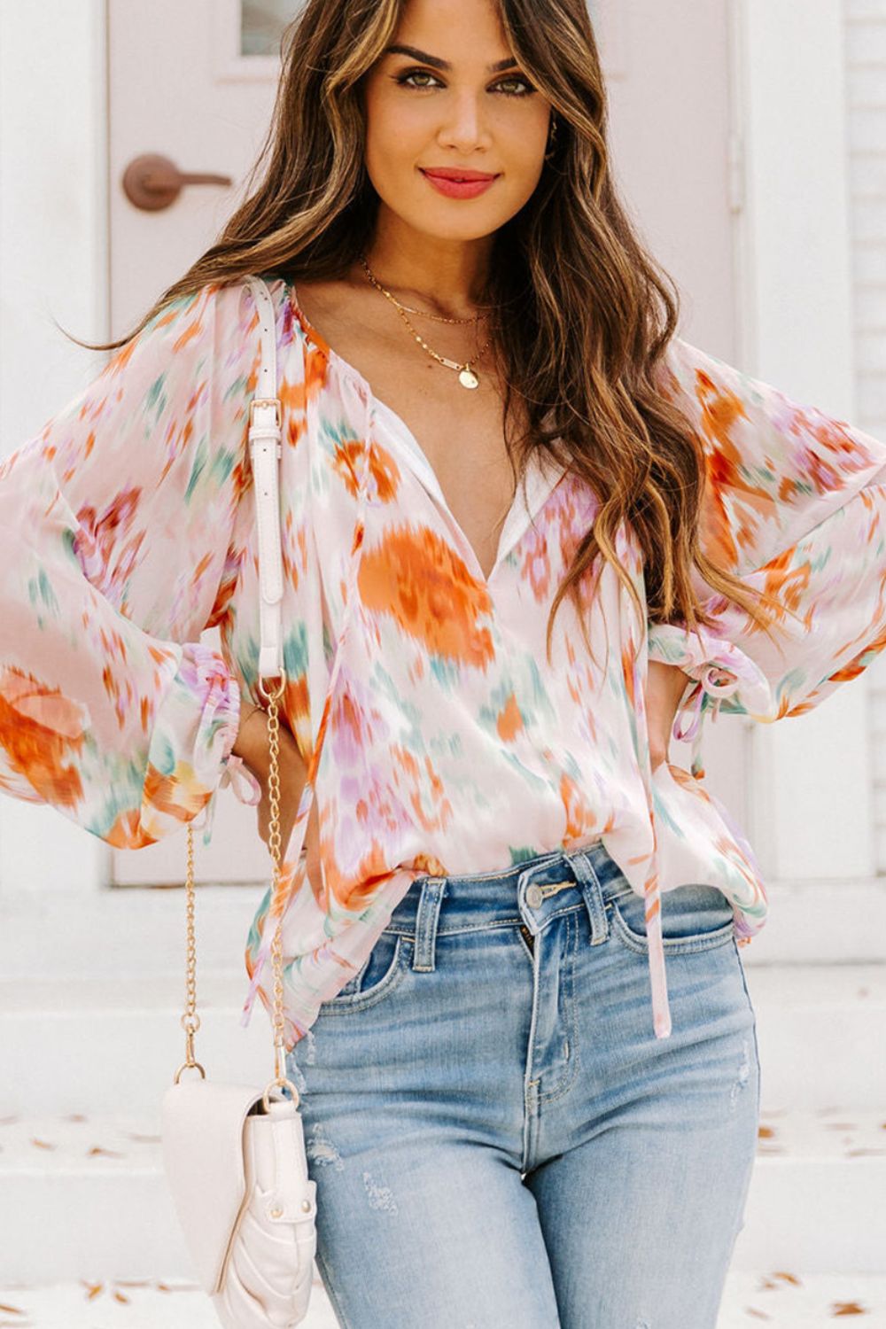 Printed Tie Neck Long Sleeve Blouse with Tied.