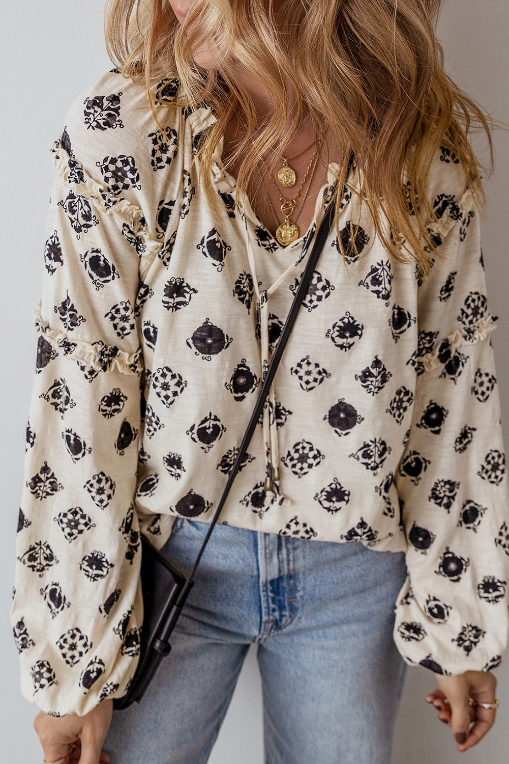 Printed Tie Neck Long Sleeve Blouse.