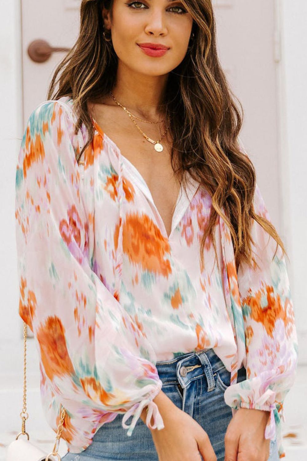 Printed Tie Neck Long Sleeve Blouse with Tied.