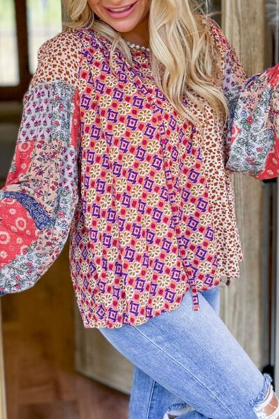 Printed Tie Neck Long Sleeve Blouse with Tied.