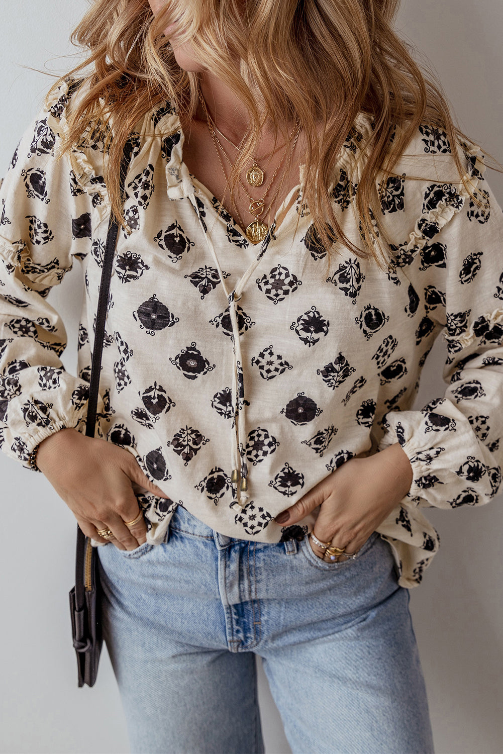 Printed Tie Neck Long Sleeve Blouse.