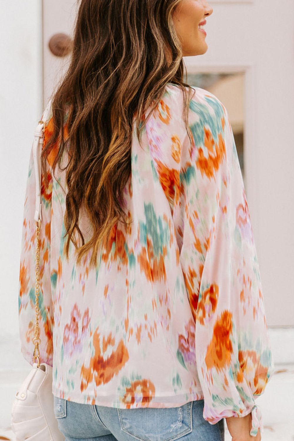 Printed Tie Neck Long Sleeve Blouse with Tied.