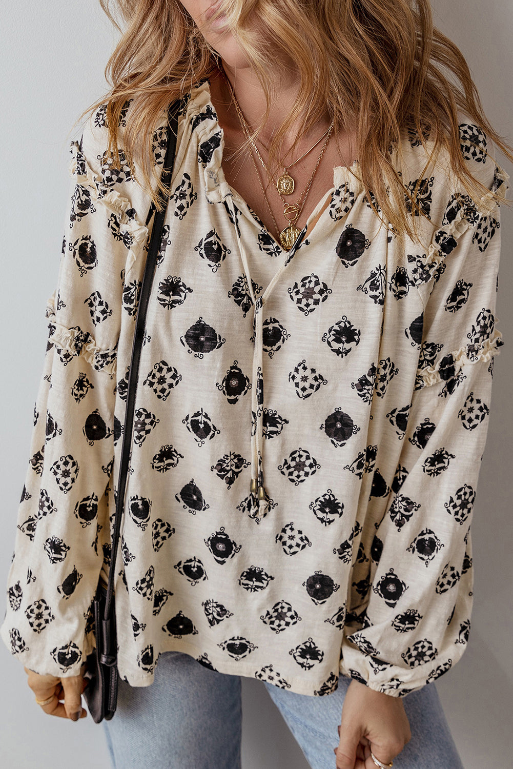 Printed Tie Neck Long Sleeve Blouse.