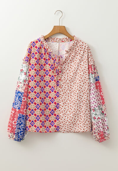 Printed Tie Neck Long Sleeve Blouse with Tied.