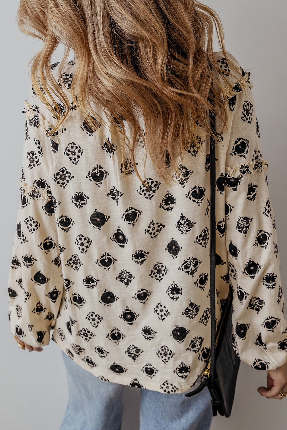 Printed Tie Neck Long Sleeve Blouse.