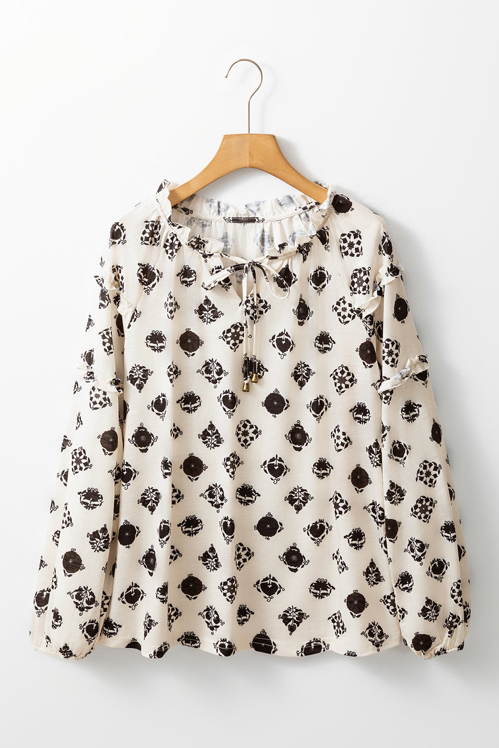 Printed Tie Neck Long Sleeve Blouse.