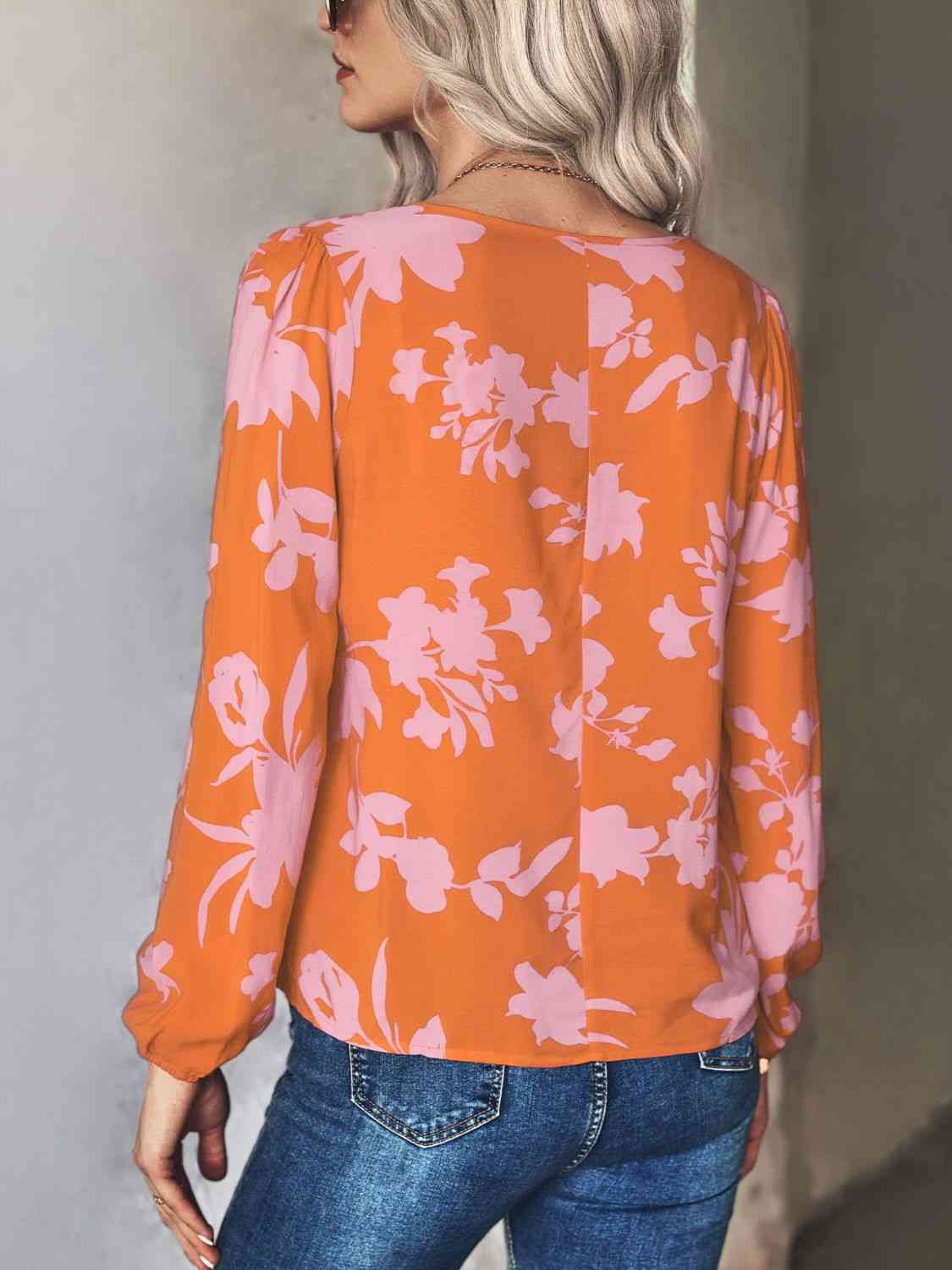 Printed Tie Neck Long Sleeve Blouse.