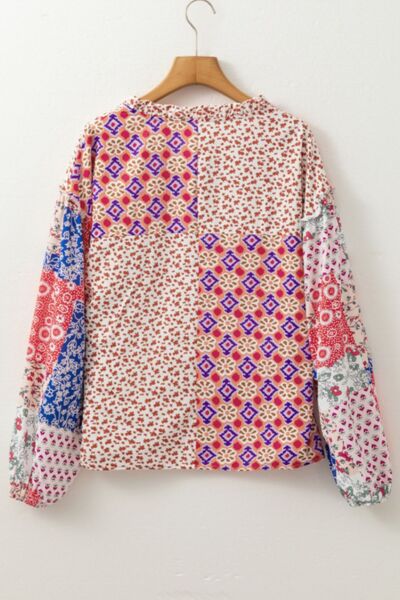 Printed Tie Neck Long Sleeve Blouse with Tied.