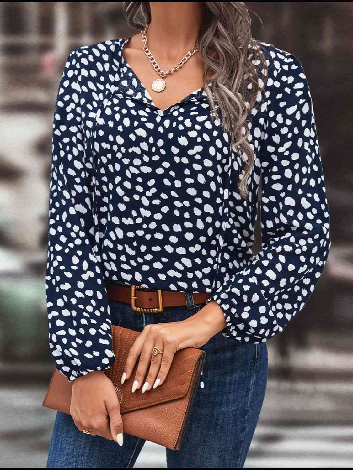 Printed Tie Neck Long Sleeve Blouse.