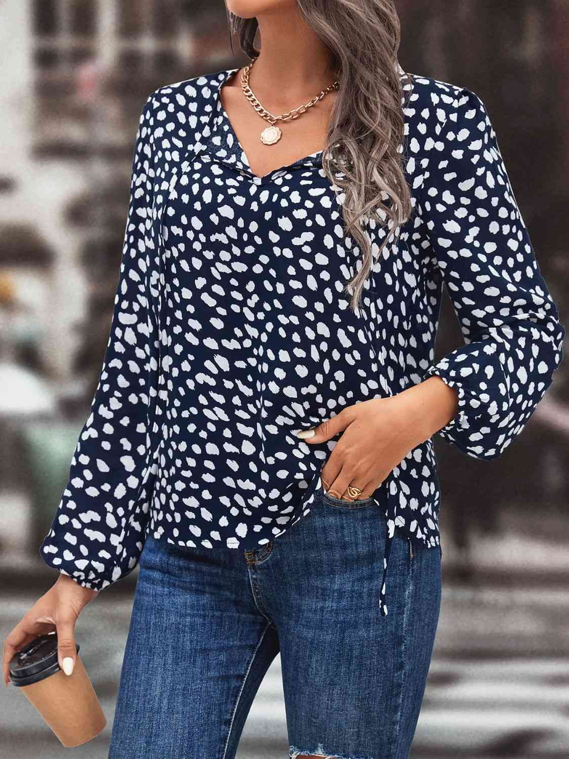 Printed Tie Neck Long Sleeve Blouse.