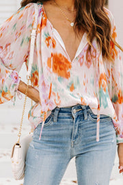 Printed Tie Neck Long Sleeve Blouse with Tied.