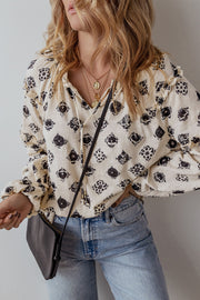 Printed Tie Neck Long Sleeve Blouse.