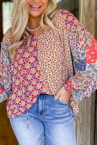 Printed Tie Neck Long Sleeve Blouse with Tied.