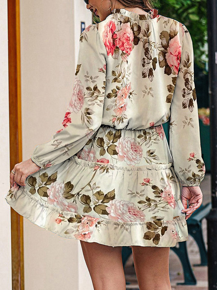 Printed Tie Neck Long Sleeve Dress.