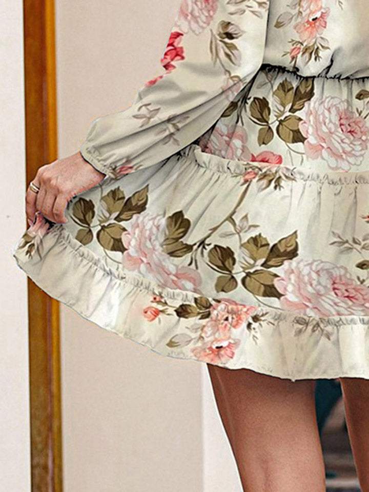 Printed Tie Neck Long Sleeve Dress.