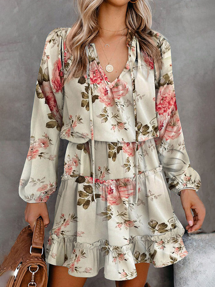 Printed Tie Neck Long Sleeve Dress.