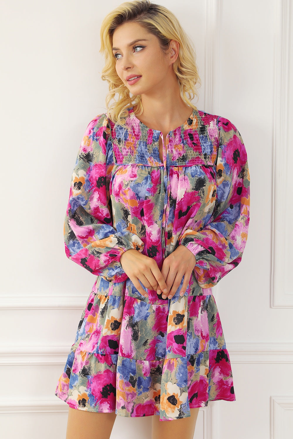 Printed Tie Neck Long Sleeve Mini Dress.