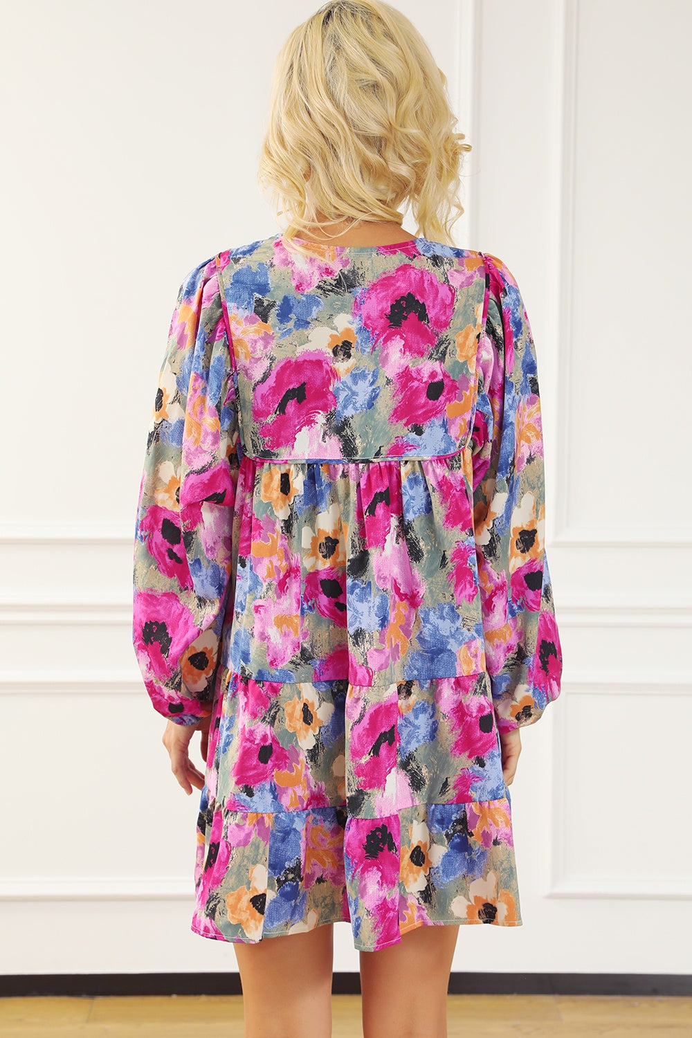 Printed Tie Neck Long Sleeve Mini Dress.