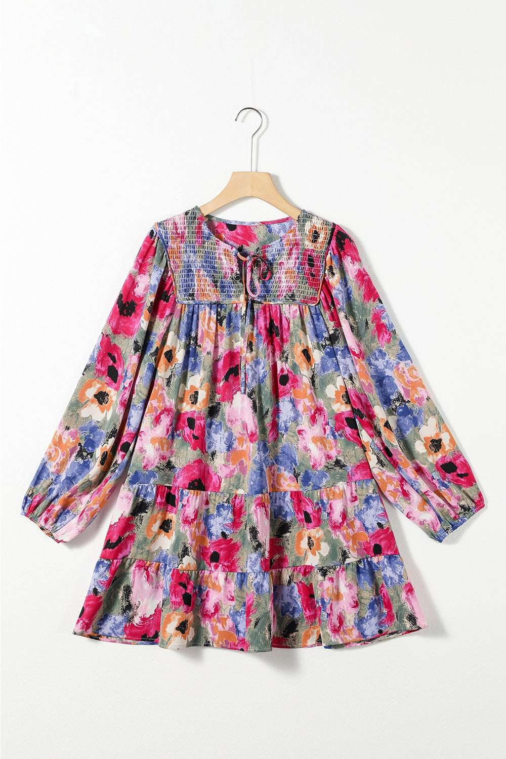 Printed Tie Neck Long Sleeve Mini Dress.