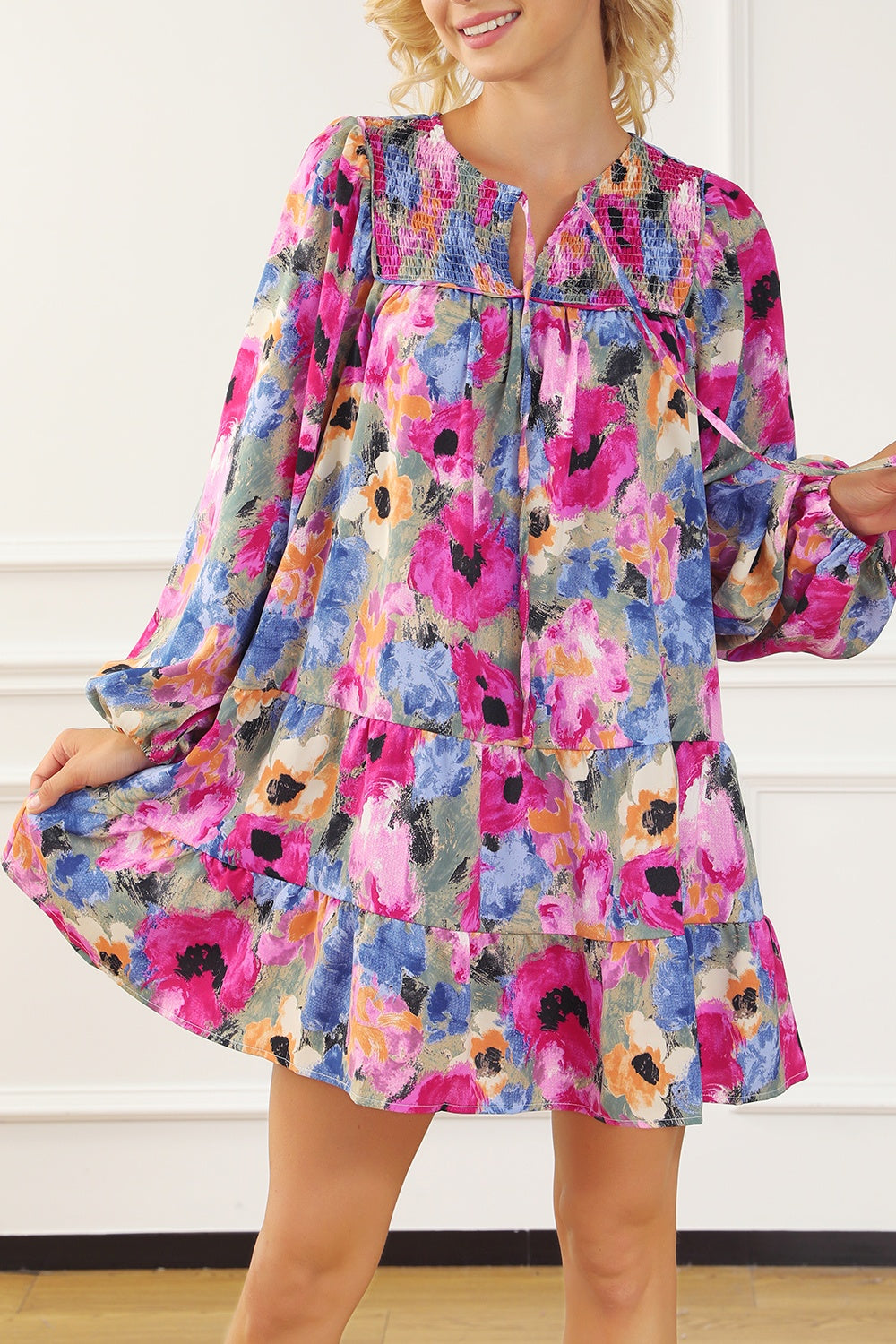 Printed Tie Neck Long Sleeve Mini Dress.