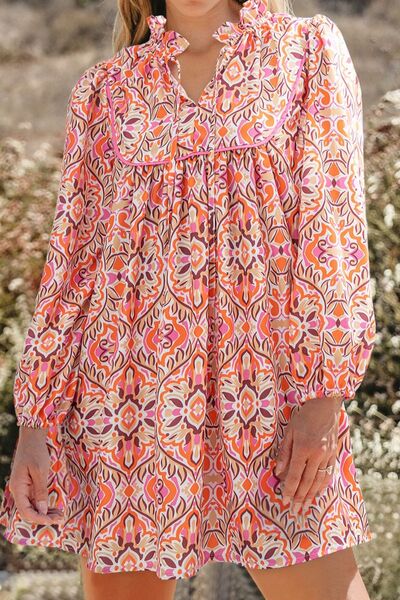 Printed Tie Neck Long Sleeve Mini Dress.