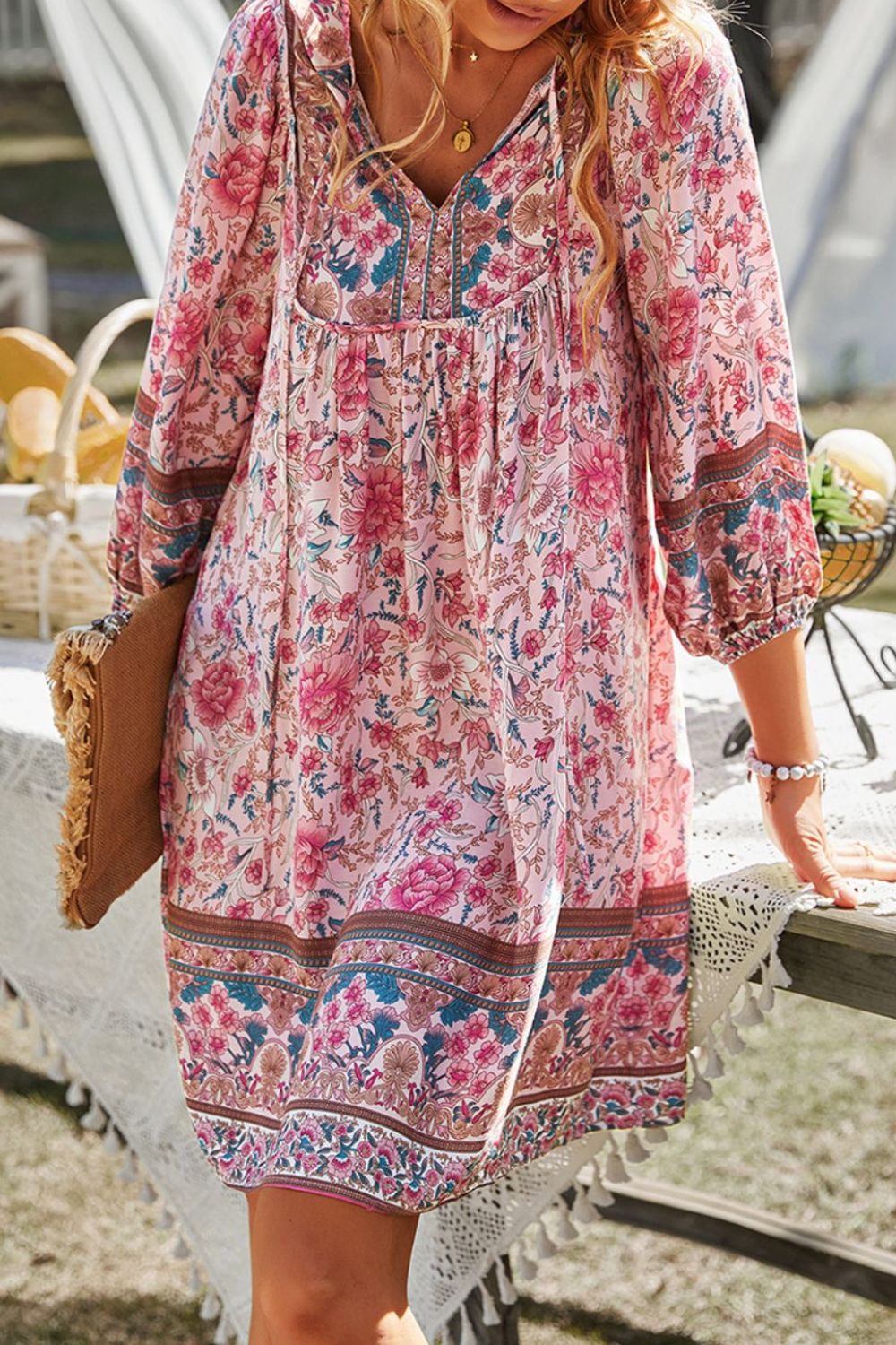 Devine Printed Tie Neck Mini Dress.