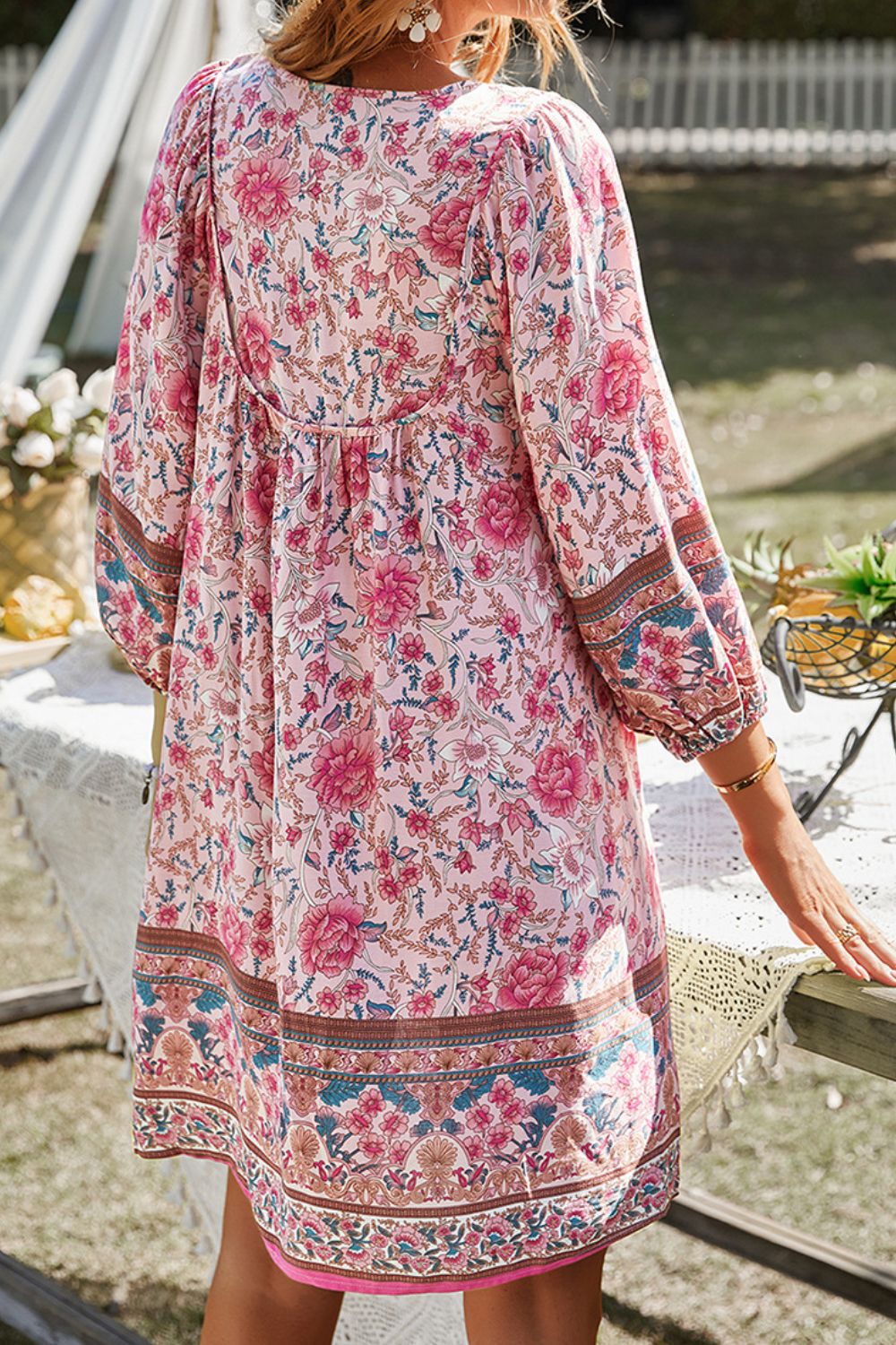 Devine Printed Tie Neck Mini Dress.