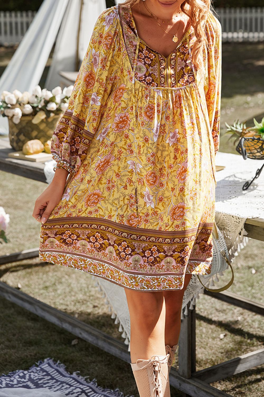 Devine Printed Tie Neck Mini Dress.