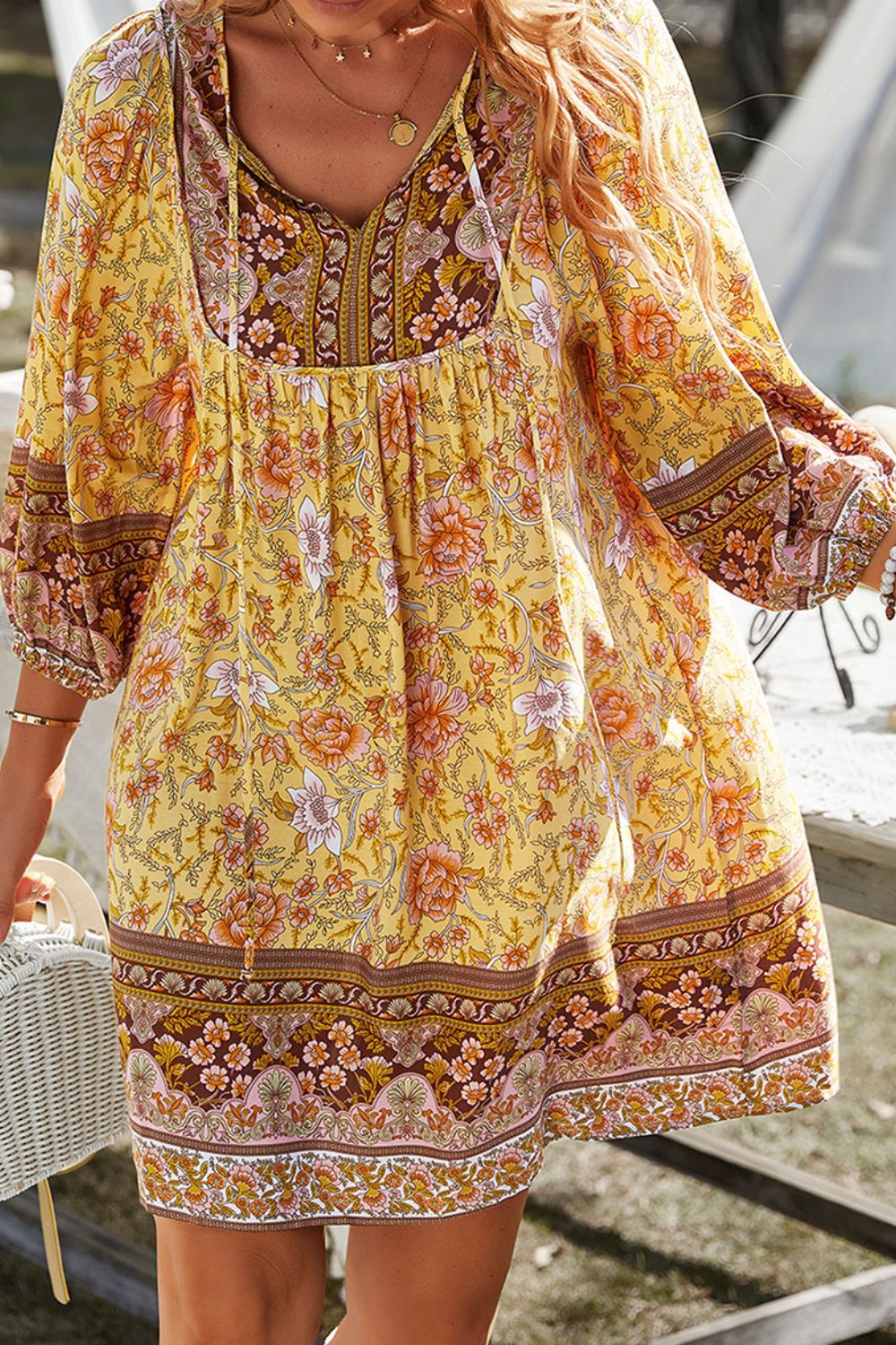 Devine Printed Tie Neck Mini Dress.