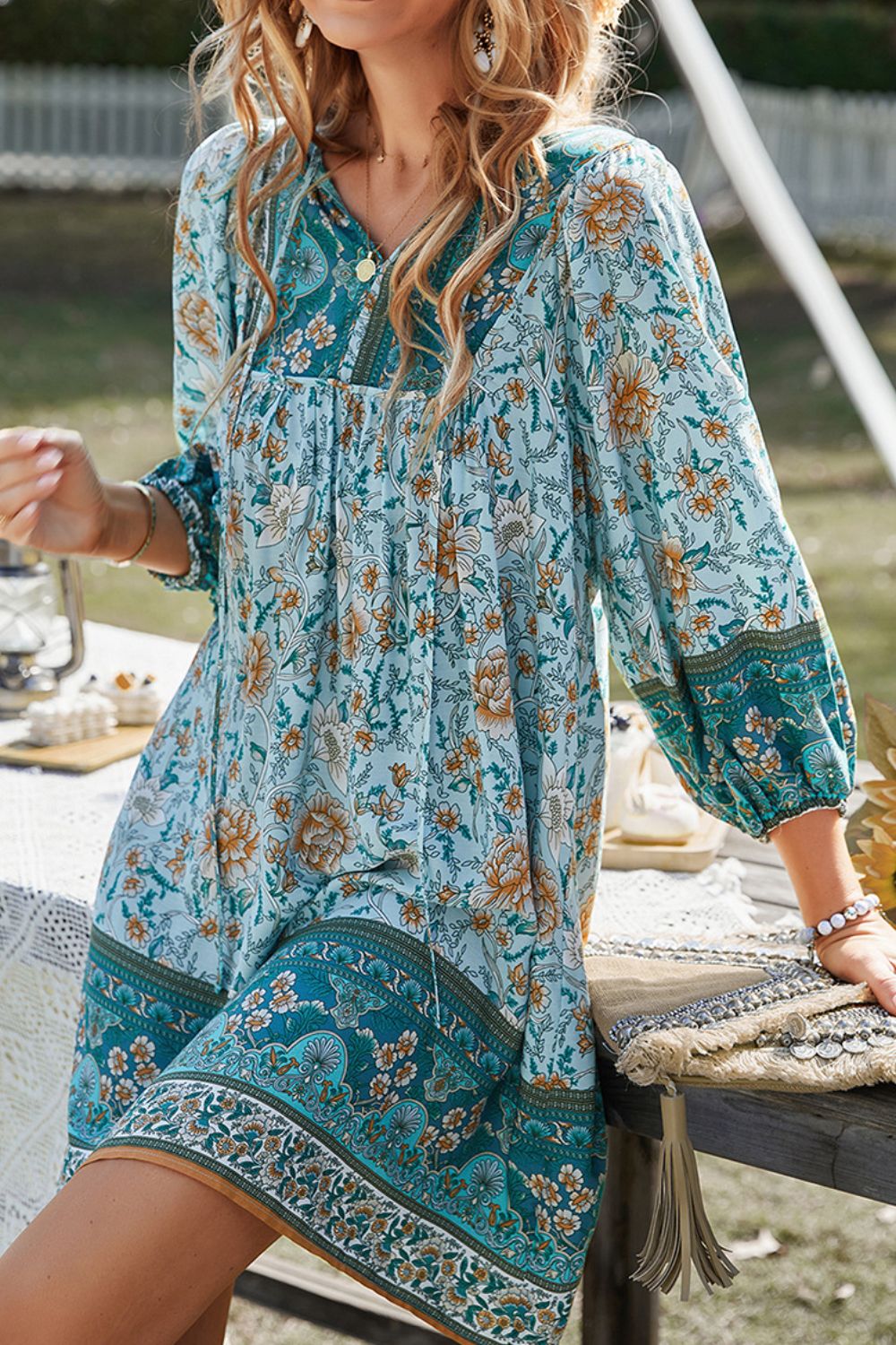 Devine Printed Tie Neck Mini Dress.