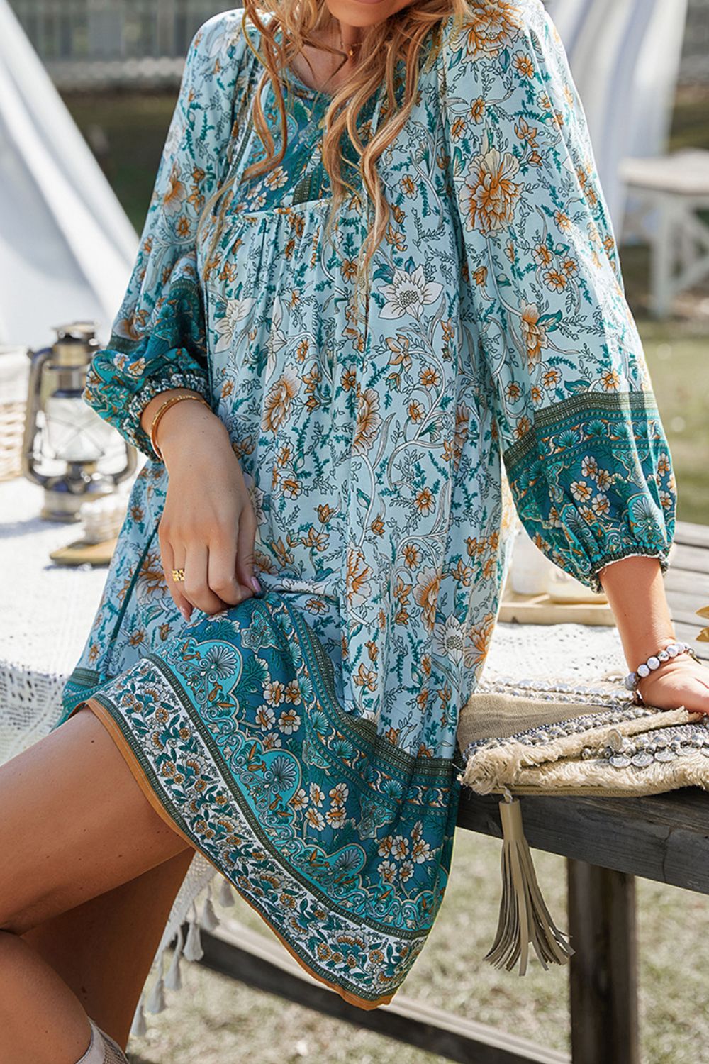 Devine Printed Tie Neck Mini Dress.