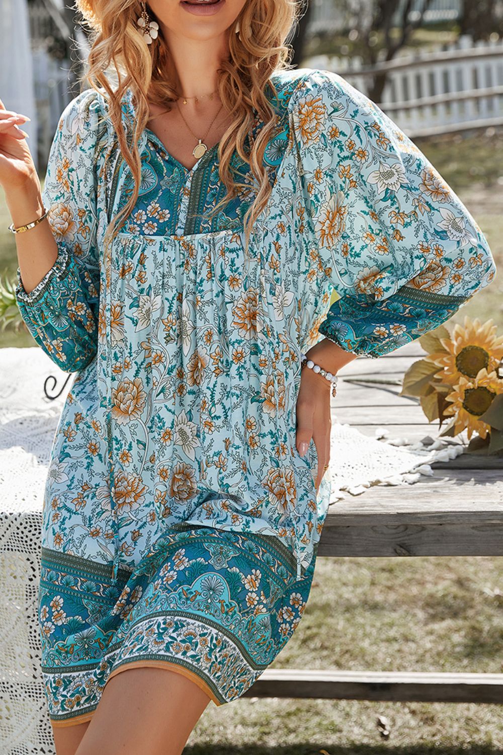 Devine Printed Tie Neck Mini Dress.