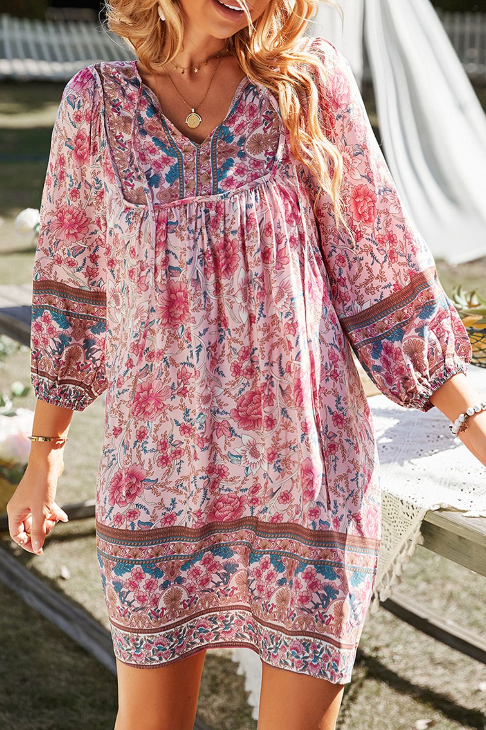 Devine Printed Tie Neck Mini Dress.