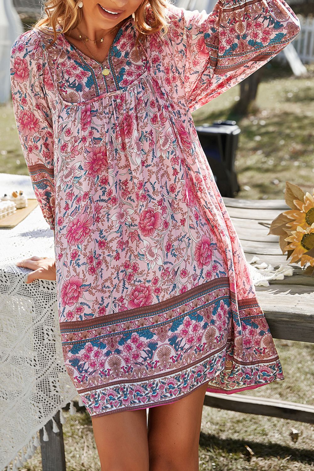 Devine Printed Tie Neck Mini Dress.