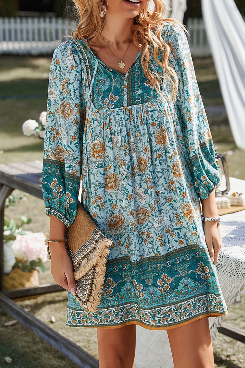 Devine Printed Tie Neck Mini Dress.