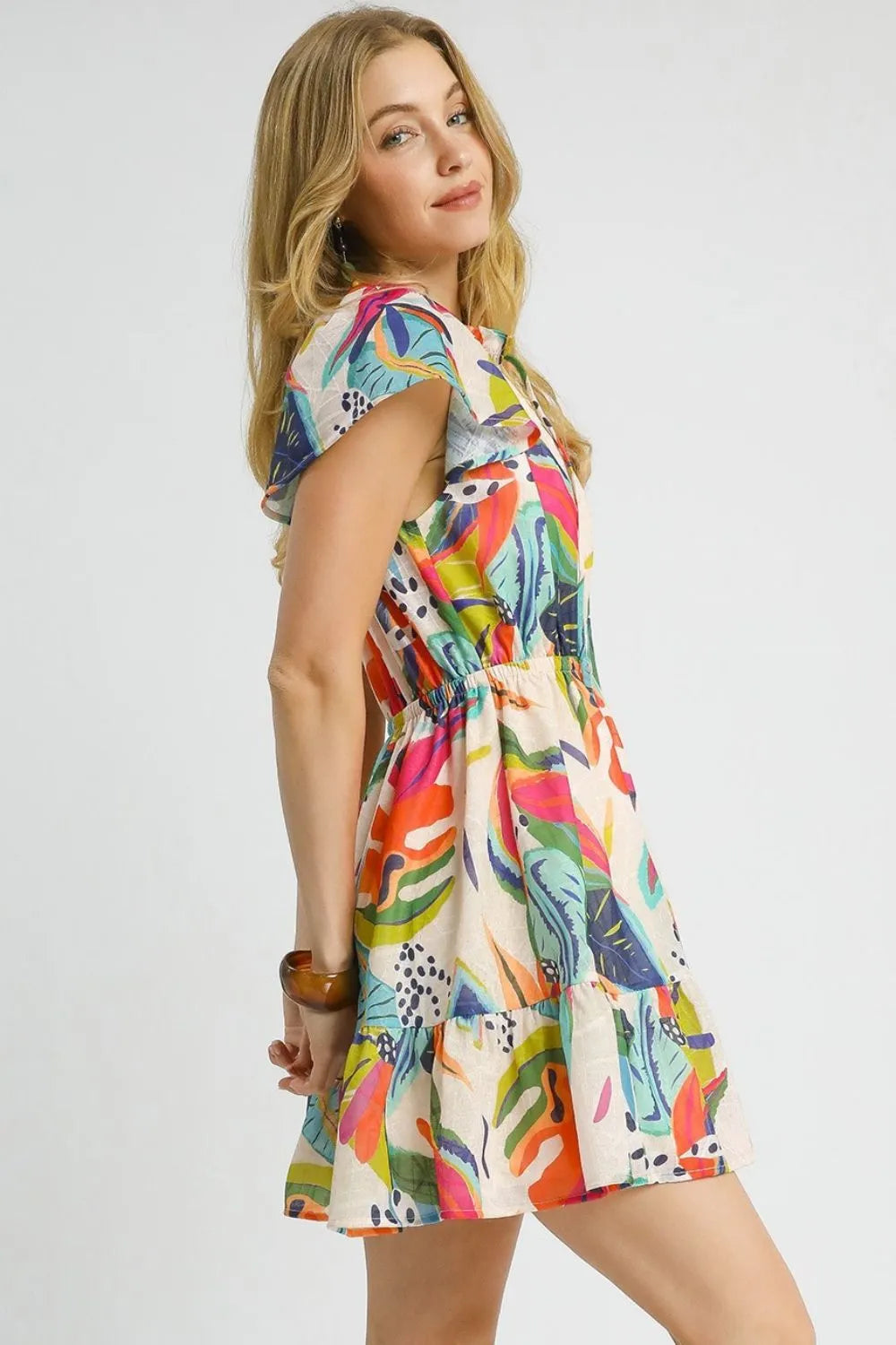 Umgee Printed Tie Neck Ruffled Hem Dress.