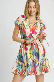 Umgee Printed Tie Neck Ruffled Hem Dress.